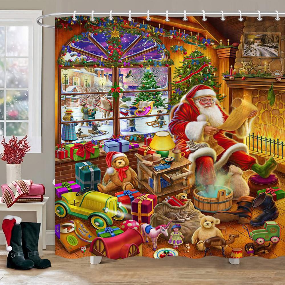 Winter Christmas Shower Curtain Red Truck Snowman Reindeer Snowy Farmhouse Bath Curtain Washable Polyester Fabric Bathroom Decor