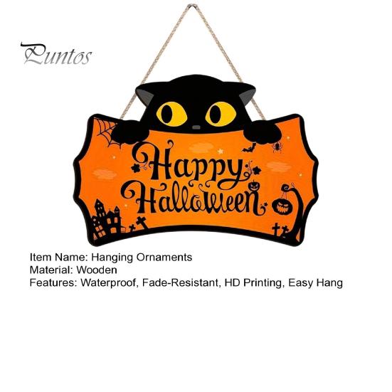 Halloween Yard Hanging Signs Wooden Door Plaque, Printed Black Cat Pumpkin Castle Spider Web Front Creative Gifts Sign, Waterproof Ornament for Indoor