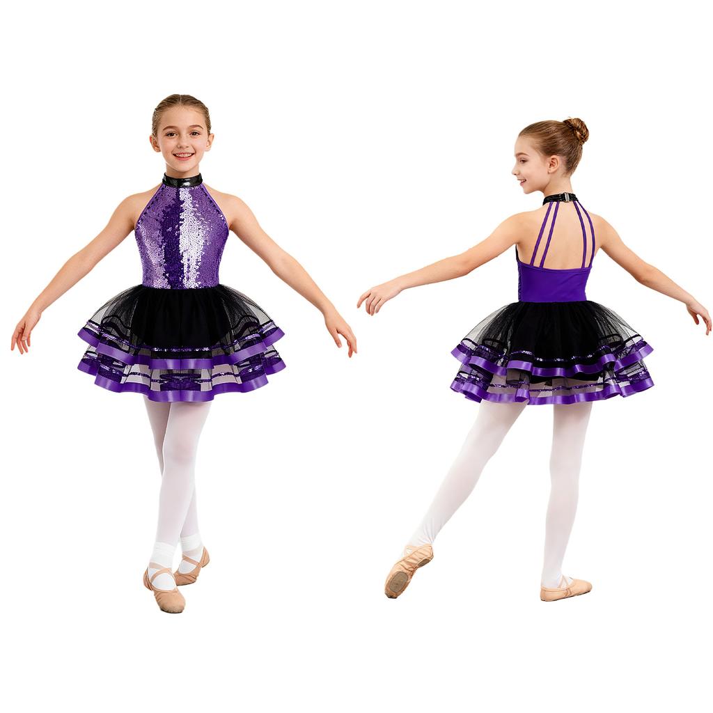 Girls Kids Sparkling Sequins Ballet Tutu Dress Modern Jazz Dance Outfit Stage Performance Costume Dancewear