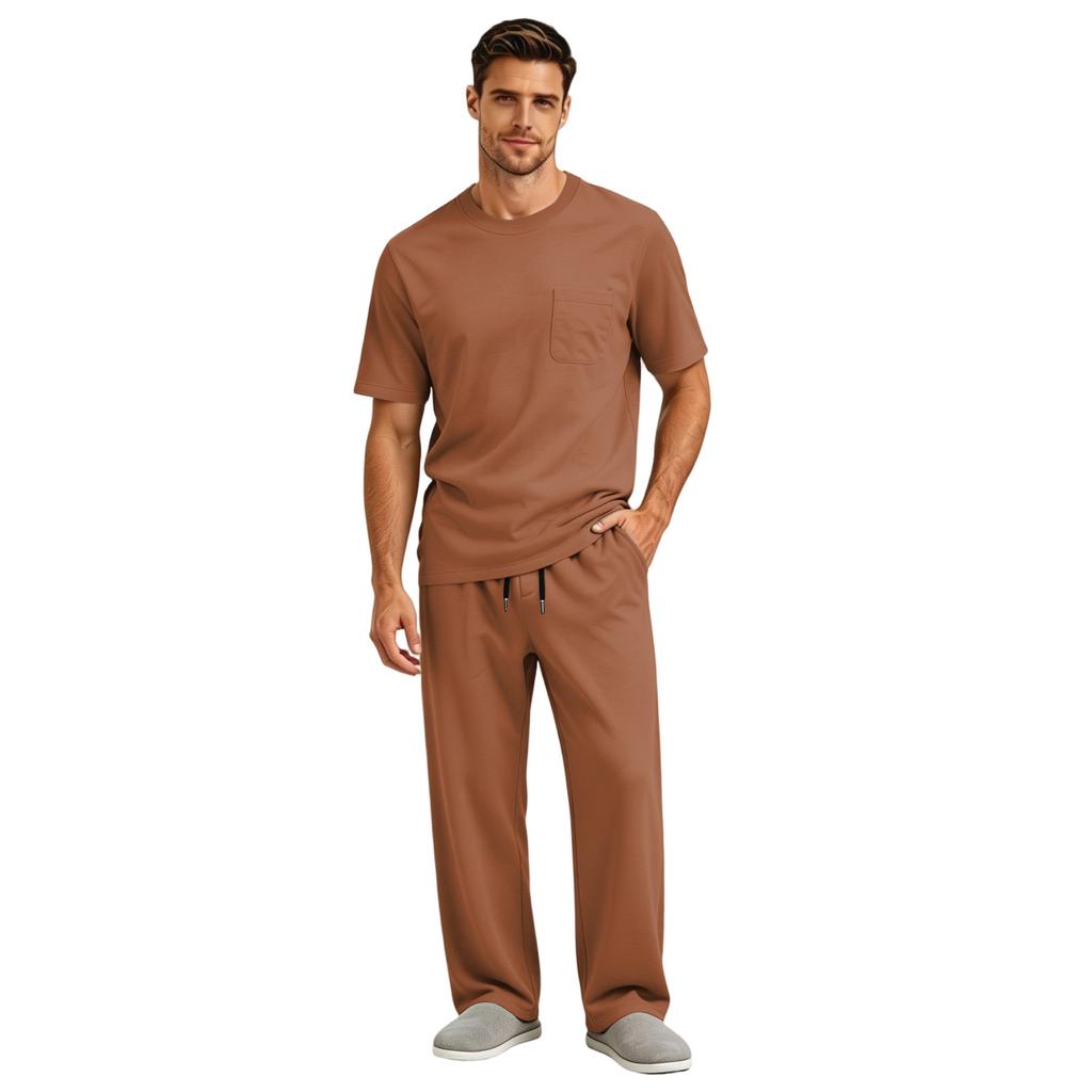 Men's Short Sleeve Pajama Set with Button Crotch and Elastic Waist Drawstring Pants for Sleepwear