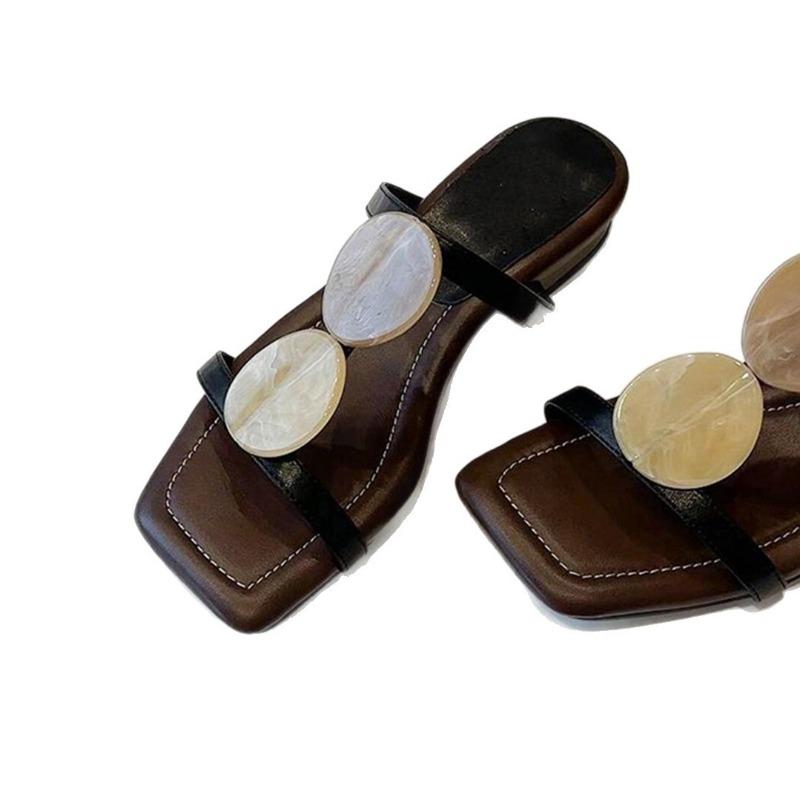 Sheepskin version~ New one-word with square head, open-toed cool slippers, women's retro flat-bottomed slippers