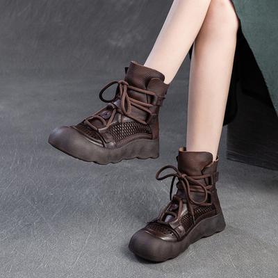 Atmungsaktive Mesh Roman Hollow-Out Stiefel Retro Echtleder Vielseitige Damenschuhe