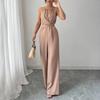 Ladies' Casual Hanging Neck Cross Exposed Waist Cinched Versatile Sleeveless Jumpsuit