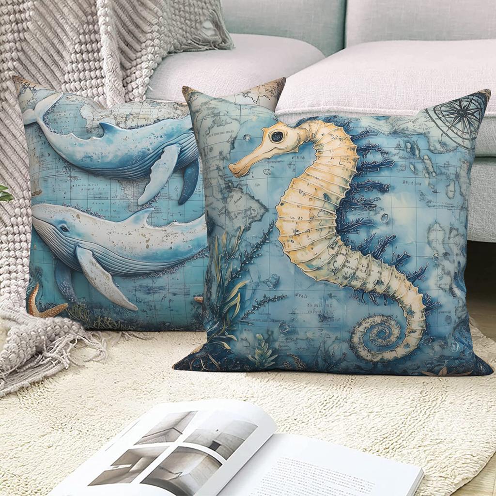 4Pcs Vintage Nautical Ocean Animal Pillow Covers Turtle Whale Seahorse Octopus Pattern Polyester Linen Pillowcase For Home Decor