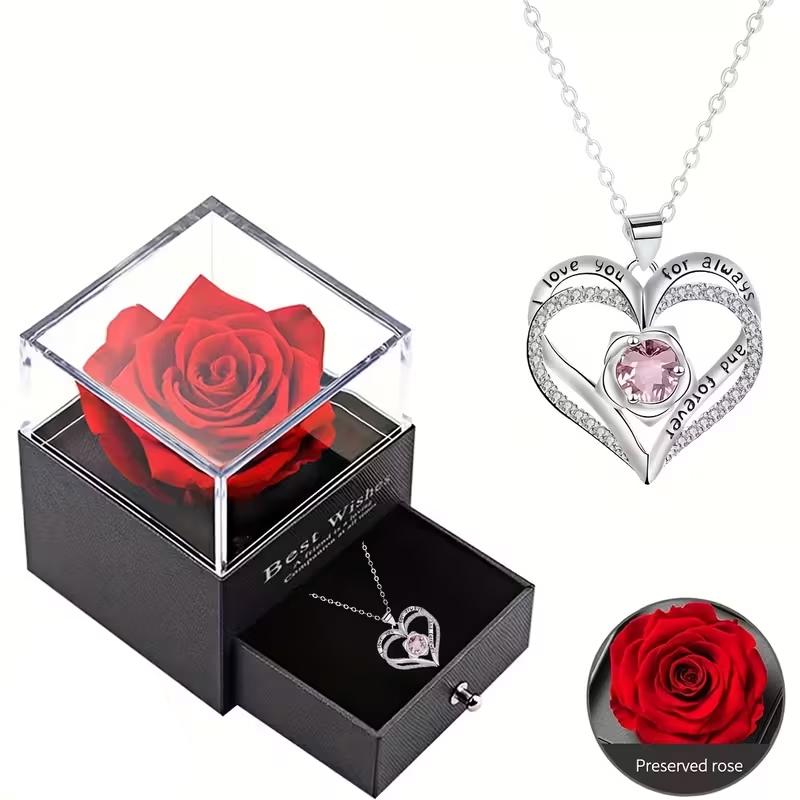 Elegant Heart-Shaped Inlaid Necklace With Luxury Red Rose Gift Box Christmas Valentine's Day Romance Gift For Girlfriend Wife