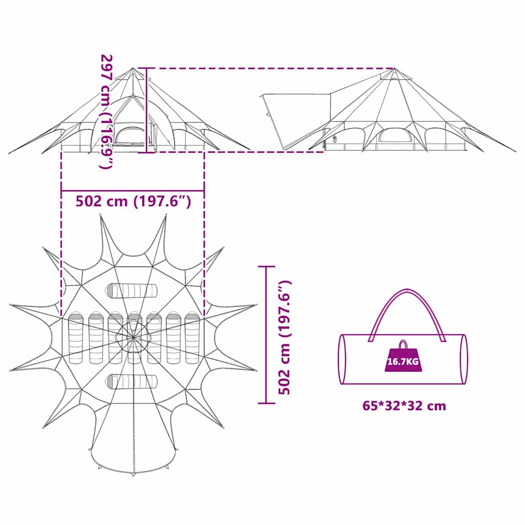 Teepee Tent for 9 People Green and Gray 502 X 502 X 297 Cm