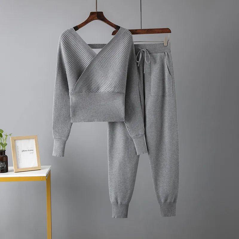 Cross-Border Set Autumn New Amazon Sexy V-neck Sweater + Leisure Sweat pants Two-piece Set Women