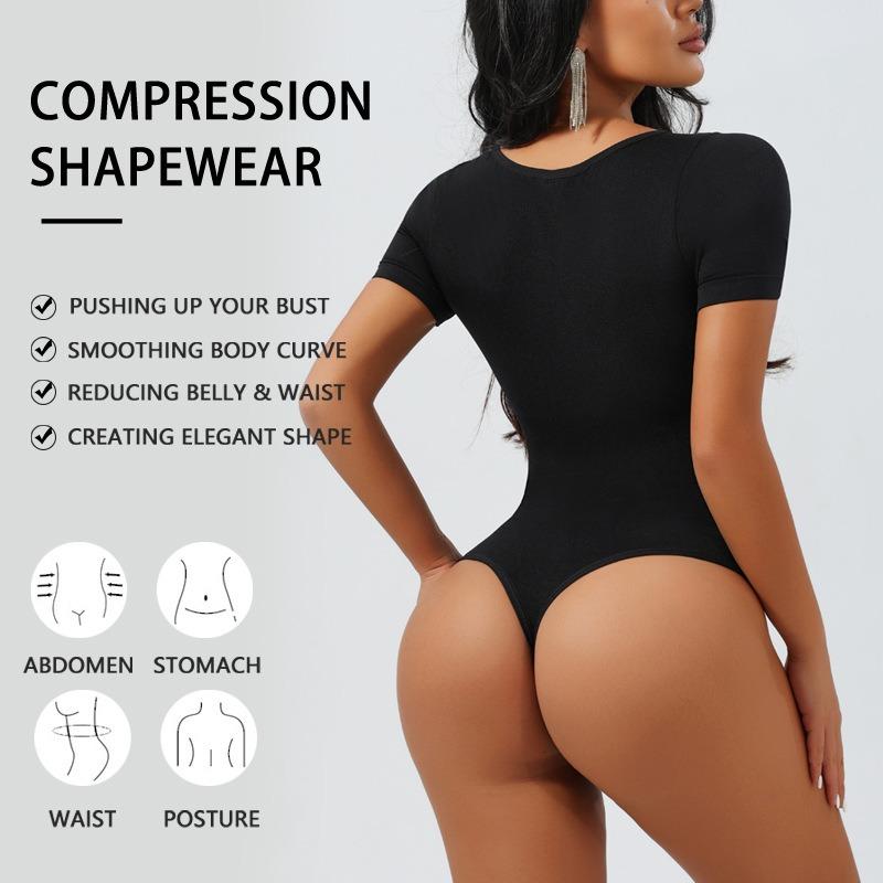 Square Neck Seamless Short Sleeve Buttoned Waist Cinching Shapewear Bodysuit For Women