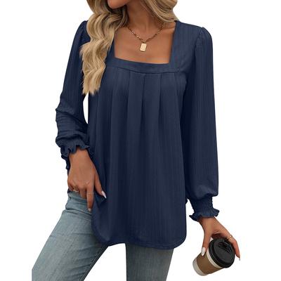 Spring and Autumn Women's Casual Bubble Sleeve Square Neck Pleated Long Sleeve Top