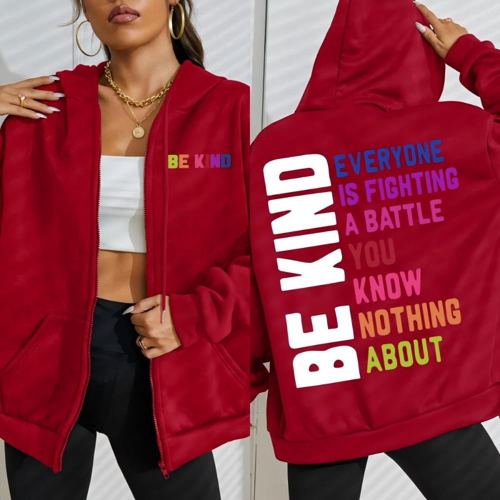 Be Kind Colorful Art Letter Printing Zipper Hoodies Women Soft Hip Hop Hoodie Fleece Loose Clothes Street Woman Hoody