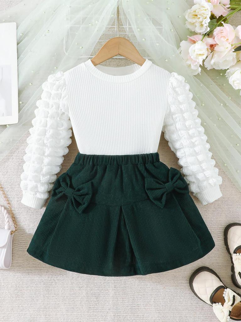 Girls' Bubble Sleeve Top & Bow Skirt 2Pcs Outfit