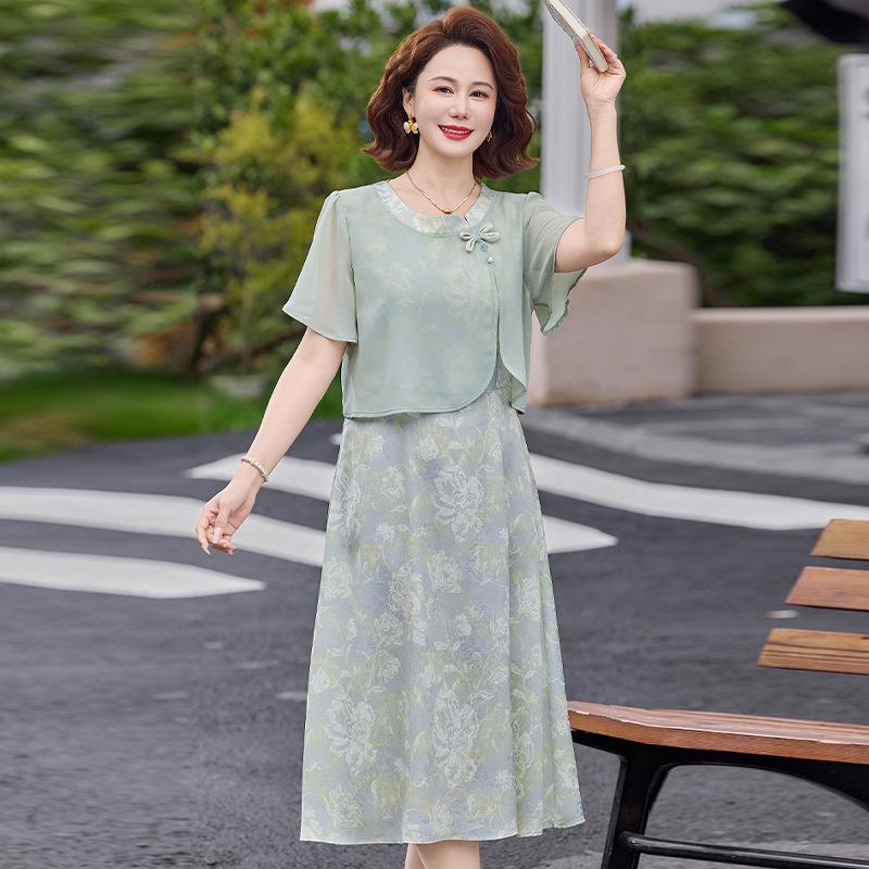 

Elegant Summer Floral Two-Piece Dress for Women - Short Sleeve Skirt for Young, Middle-Aged, and Elderly Mothers 3XL