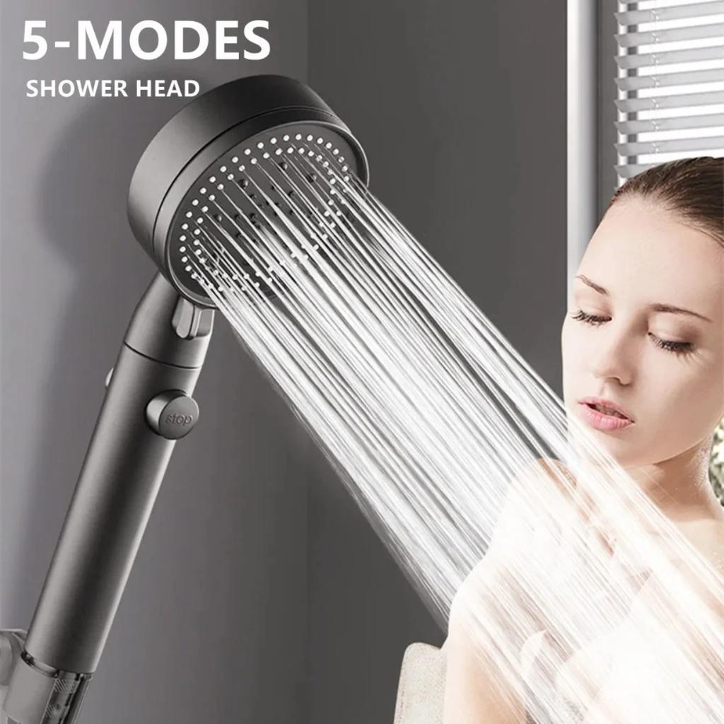Black Eco Shower Head with 5 Adjustable Modes, High Pressure, Water Saving, and One-Key Stop Water Massage