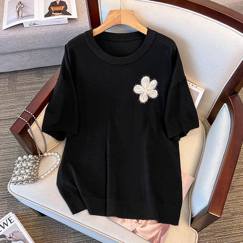 Plus Size Women's Summer Ice Silk Knit Slimming T-Shirt, Short Sleeve - Style 8110