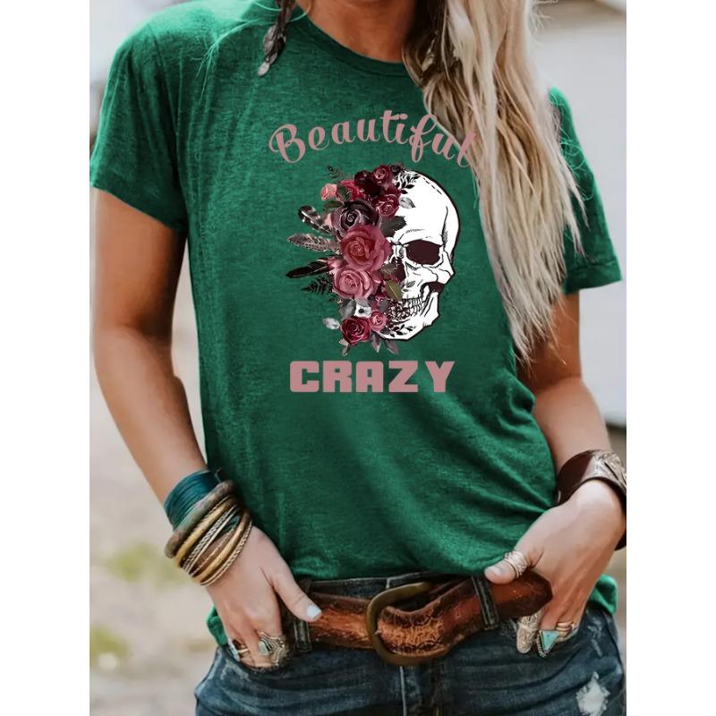 Round-neck Fashionable Skull Flower Print Top Women's T-shirt with Loose Short Sleeves