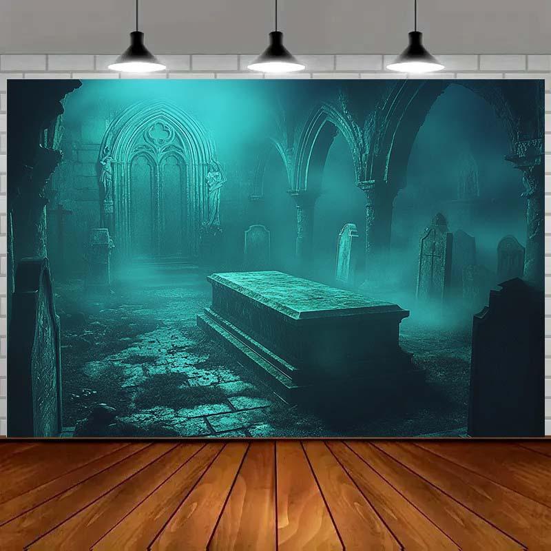 1 Halloween Gothic Grabstein Hintergrundtuch mit mystischem Nebel-Effekt, kein Strom benötigt