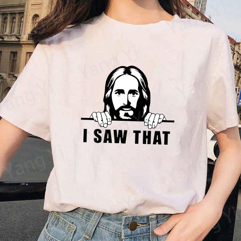 I SAW THAT Print Short Sleeve Casual Tshirt Pattern of Jesus Peering Behind the Wall Pattern Tee Short Sleeve Unisex Womens Tops