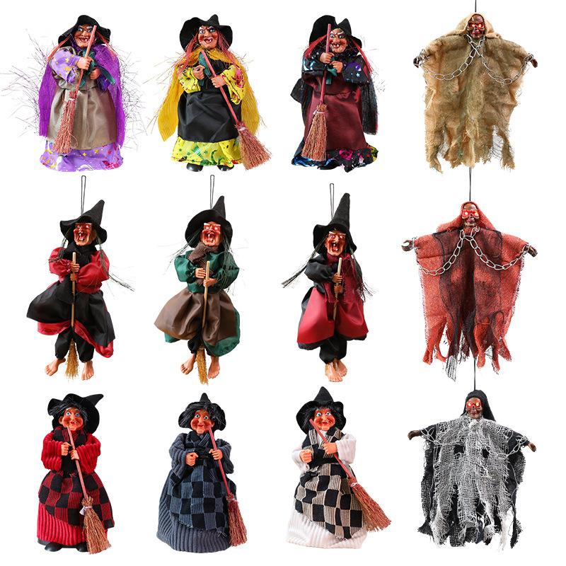 1Pc  Halloween Broomstick  Figurine Hanging Doll DIY Decor Pendant Party Haunted House Props Ornament Garden Bar Decor