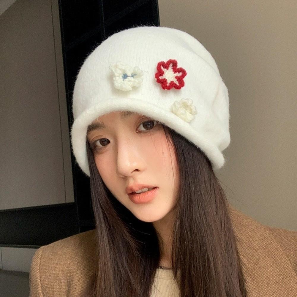 Flower Design Knitted Bucket Hat Korean Style Beanie Hat Sweet Warm Cap  Winter