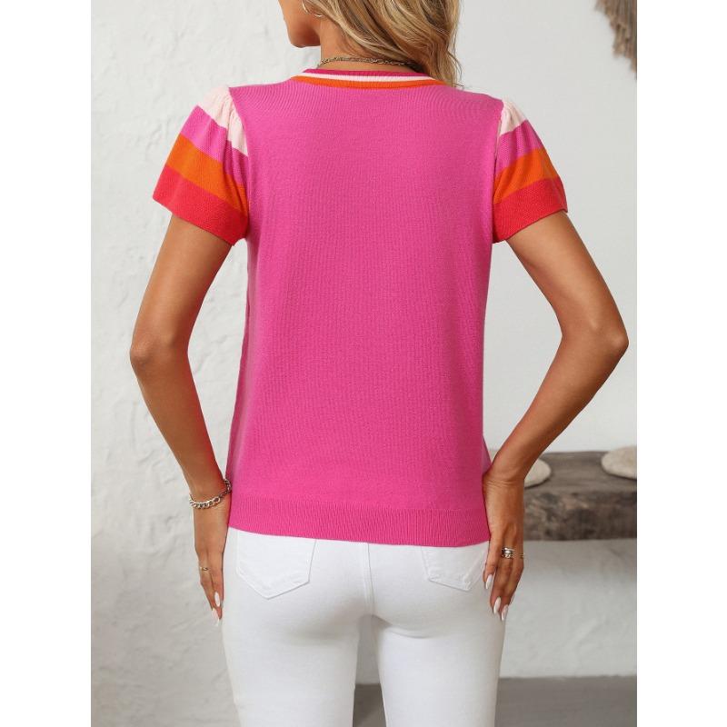 Women's Summer Round Neck Knit Top Clashing Colours Sweet Short Sleeve Sweater