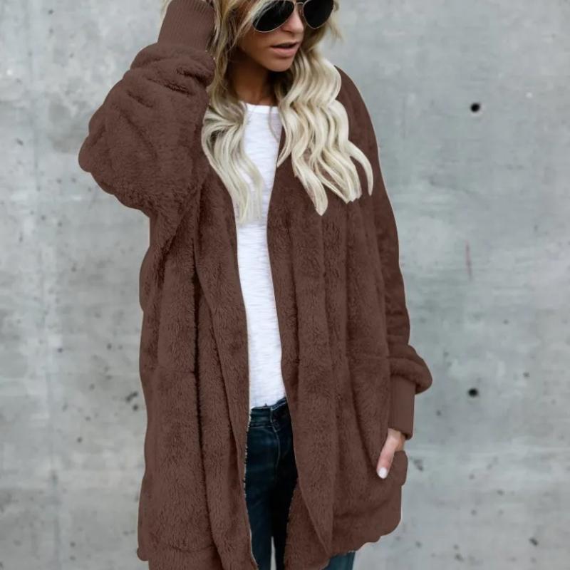 

Осенне-зимняя куртка-кардиган из двойного флиса, женская однотонная плюшевая теплая куртка с длинными рукавами и капюшоном, верхняя одежда большого размера, пальто S коричневый