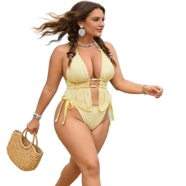 Women's Plus Size Two Piece Bikini Set, Adjustable Drawstring Ribbed Halter Swimsuit for Vacation