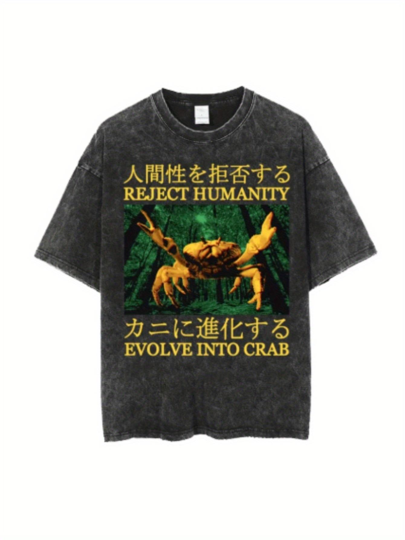 Men S Retro Washed T-Shirt with Japanese-Style Frog Design - Reject Humanity, Evolve into a Frog Print, Casual S разноцветный