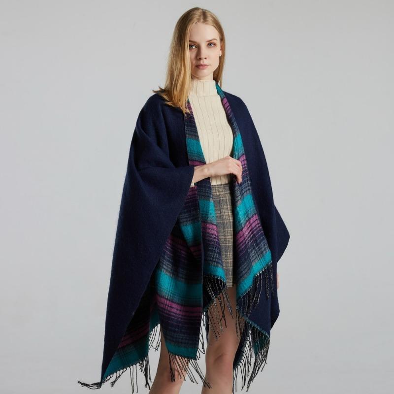 Scottish Classic Plaid Tassel Thick Warm Split Shawl Cape
