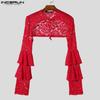 INCERUN Men Lace Up See Through Lace Crop Tops Club Party Mesh Short T-shirts