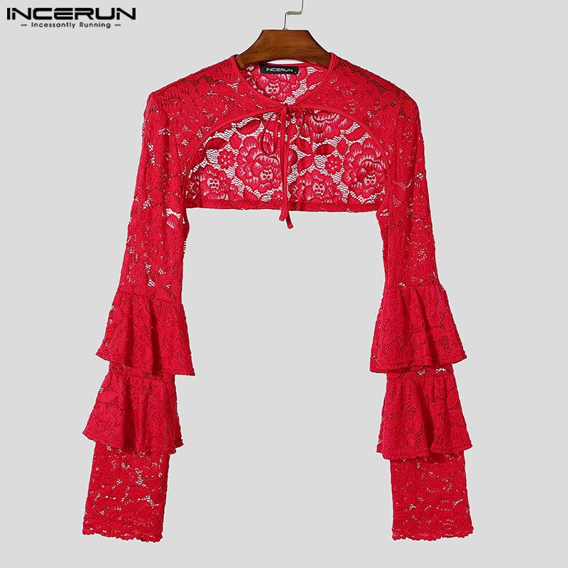 INCERUN Men Lace Up See Through Lace Crop Tops Club Party Mesh Short T-shirts