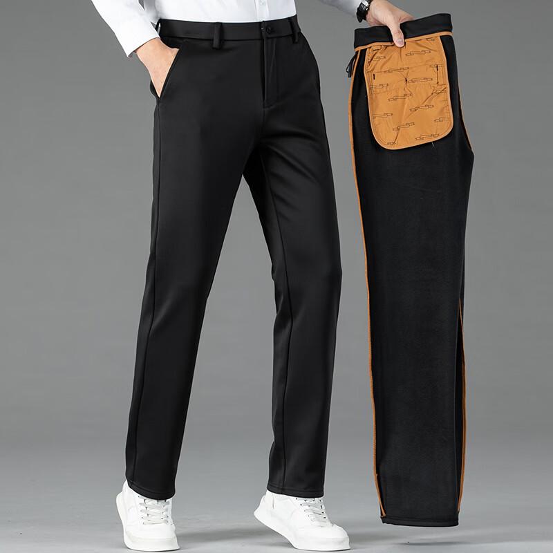 FAPAI Men's Wool Blend Fleece-Lined Straight Business Casual Trousers