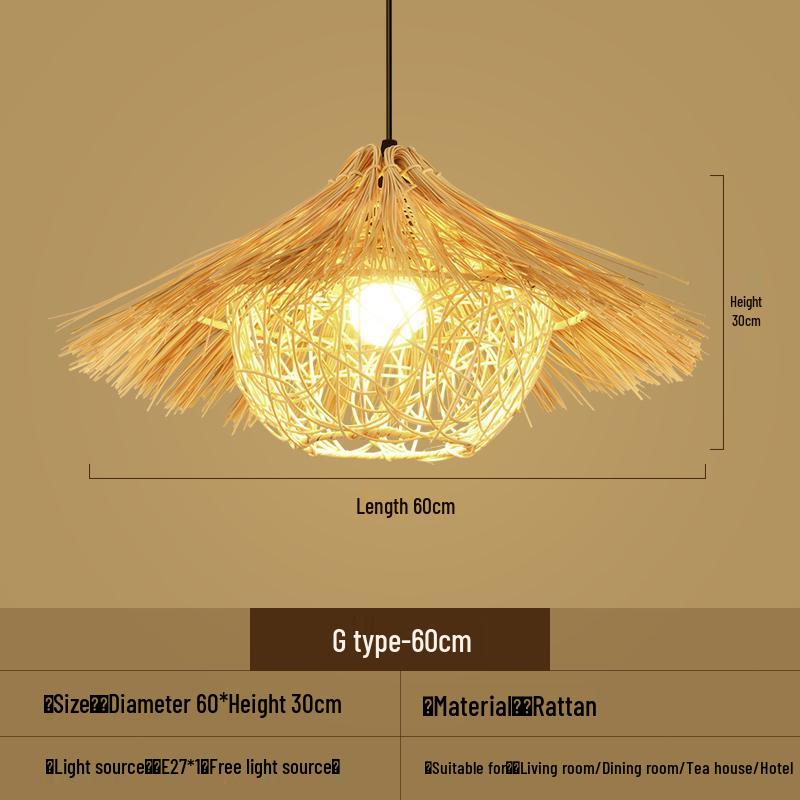 Bamboo Woven Pendant Light - Japanese Lantern for Dining, Restaurant, or Tea Room. Rattan Straw Hat Lampshade with New Chinese Art Design.