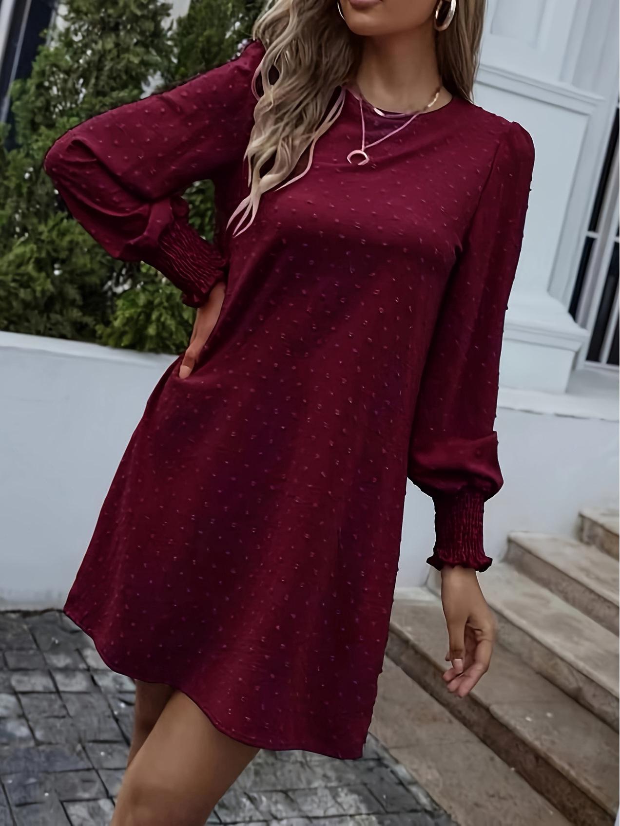 

2025 New Elegant Long Jacquard Solid Color Dress with Round Neck and Long Sleeves for Europe and America L вина червоного кольору