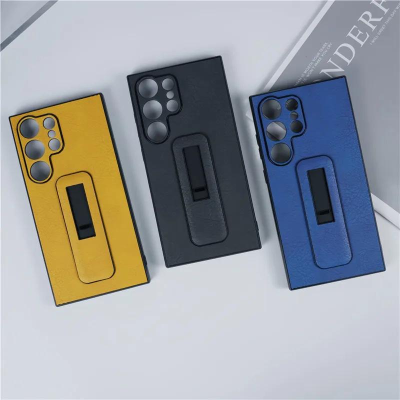 Faux Leather Cover with Invisible Bracket for Samsung Galaxy S24 S23 S22 S21 Ultra Plus + Kickstand Ring Holder Stand Phone Case