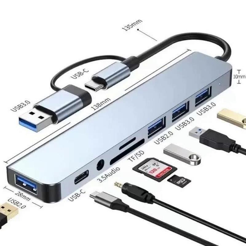 8 In 2  Type C Docking Station USB Splitter Adaptor USB C Hub 5Gbps High Speed Transmission USB 3.0 2.0 3.5 Audio Jack SD/TF Card Reader OTG Adapter