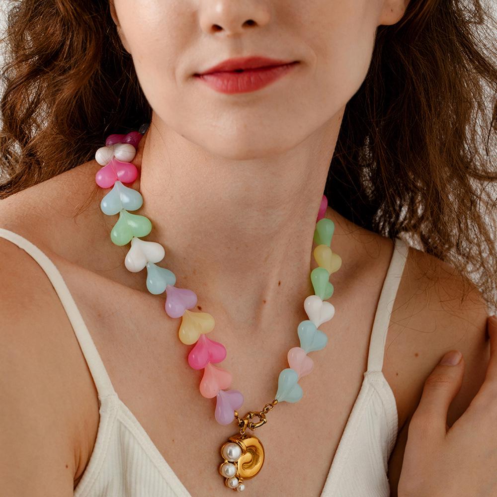 Summer Candy Color Sweet Heart Beaded Necklace - Versatile Girly Clavicle Chain