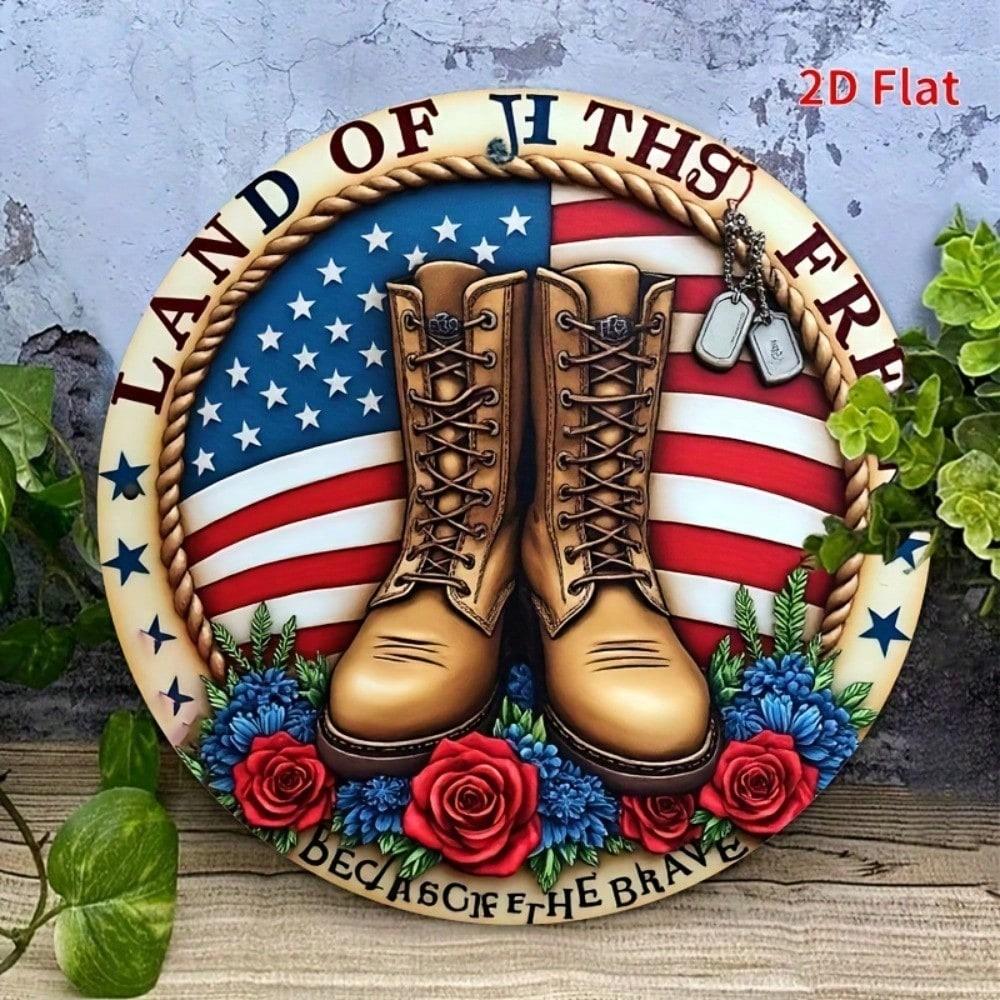 Funny Patriotic Metal Plaque, Land Of The Free Aluminum Sign With Boots & Flags, Ironic 2D Flat Yard Decor For Home Patio, 7.87x