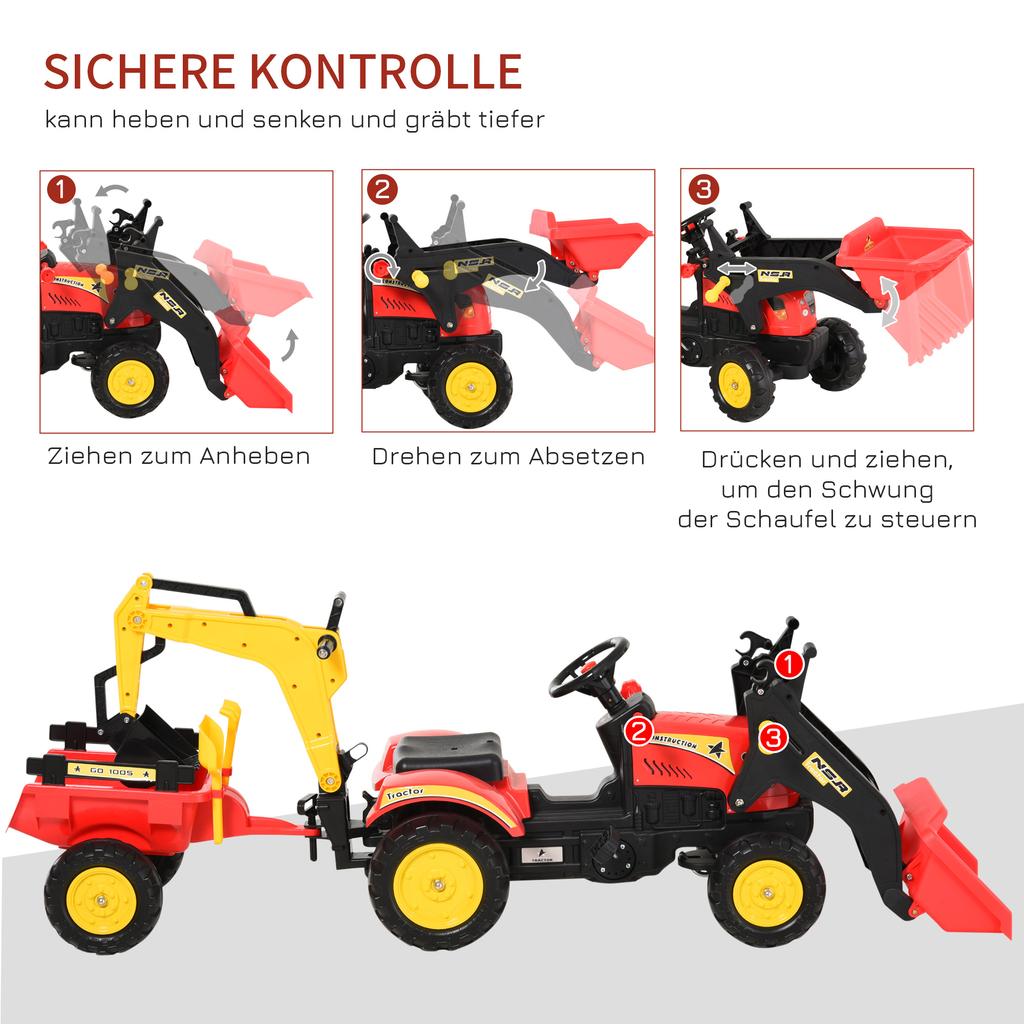 Pedal Tractor with Trailer, Front Loader, Adjustable Bucket, Tractor Pedal Vehicle for Children from 3 Years Red