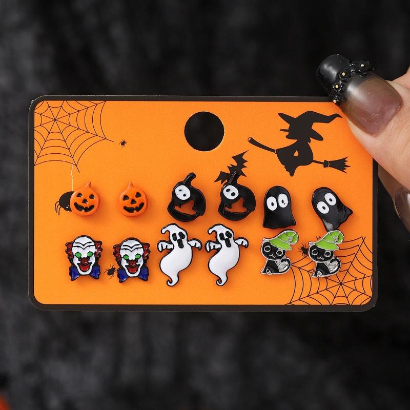 Hot Sale Halloween Stud Earrings Combination Cartoon Funny Pumpkin Head Ghost Bat Element Stud Earrings Set