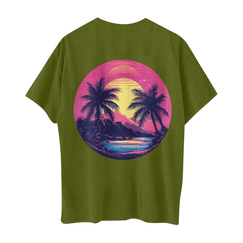 Women's Round Neck Fashionable Loose Hawaiian Print Short Sleeves