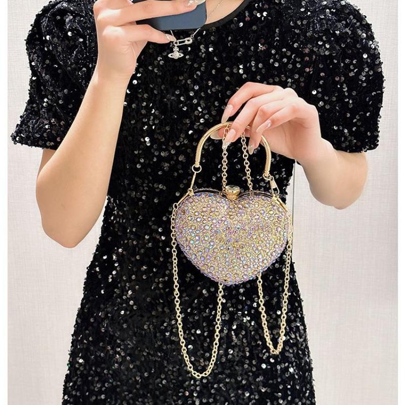 1 Piece Rhinestone Mini Handbags Luxury Diamond Inlay Heart Shape Crystal Clutch Purse Evening Wedding Party Shoulder Bag