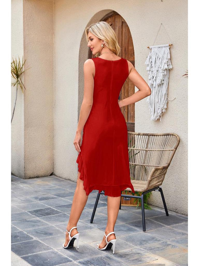 Square Neck Sleeveless Ruched Mesh Midi Dress for Women