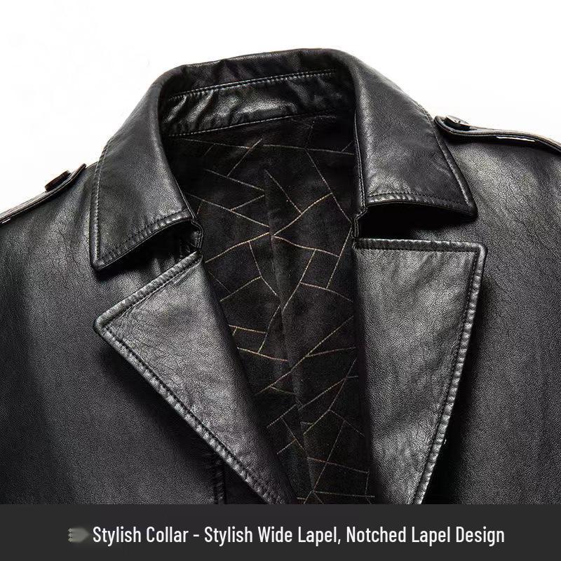 Cortavento Masculino de Couro Genuíno de Comprimento Médio: Gola de Terno, Com Veludo Extra, Quente, Jaqueta Casual de Negócios para Outono/Inverno.