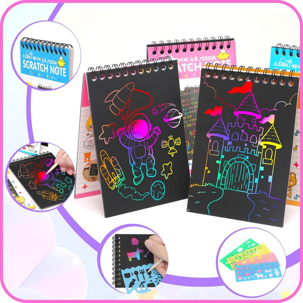 12 PCS Scratch Art Set 4 Rainbow Mini Notebooks 4 Stencil Sheets 4 Wooden Stylus Fun Drawing, Party Favors Creative Gifts
