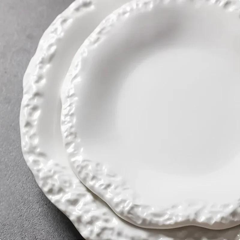 Circular Solid Color Ceramic Plate, 8-10 Inch Rock Patterned Relief Edge Dessert Plate, High-end Hotel Restaurant Tableware
