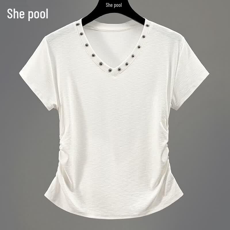 She Chi Women s V-Neck Rivet Short Sleeve Pleated Slim Top One Size