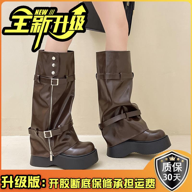 Fashion Side Zipper Leather Boots Women's Platform Removable Boots Single Shoes Maillard But Knee Pant Pants Boots Knight Boots
