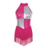 Womens Latin Dance Costume Sleeveless Backless Color Block Design Shiny Sequins Tassels Leotard
