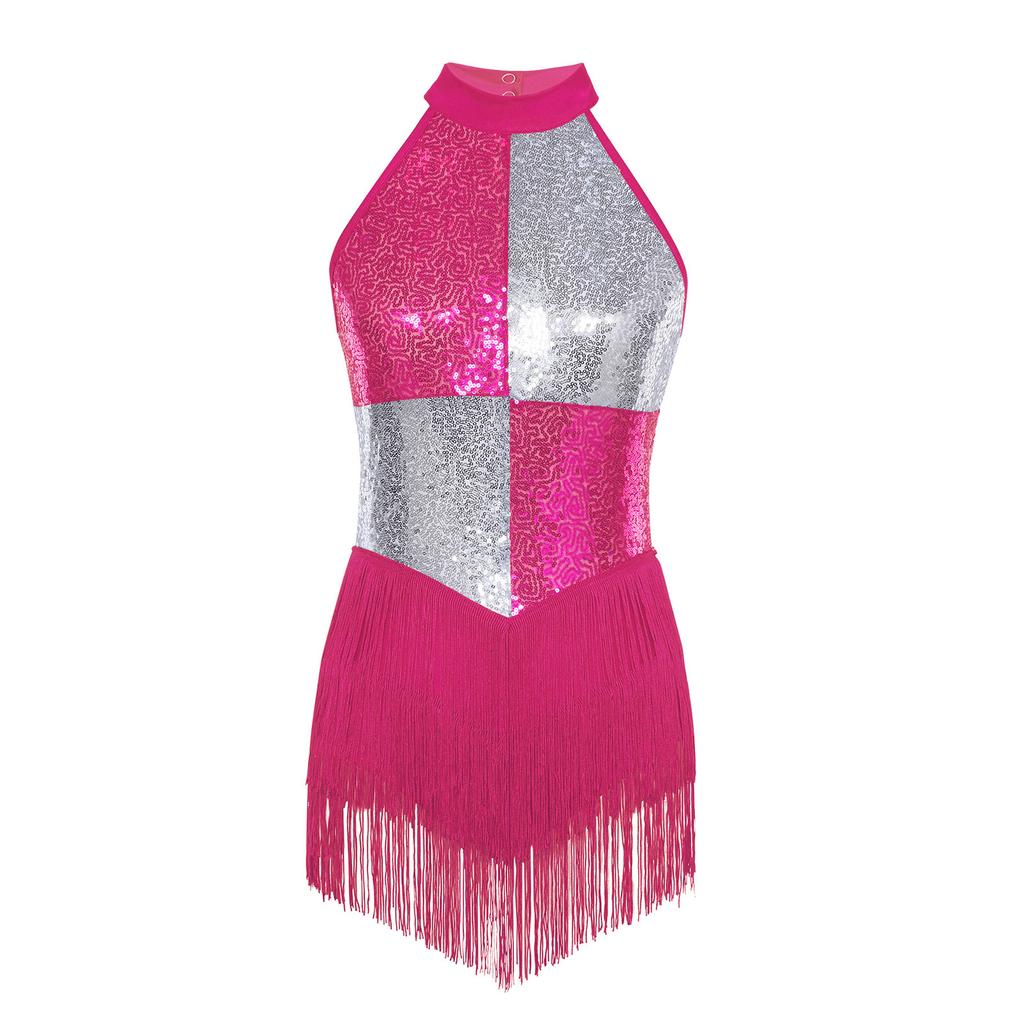 Womens Latin Dance Costume Sleeveless Backless Color Block Design Shiny Sequins Tassels Leotard