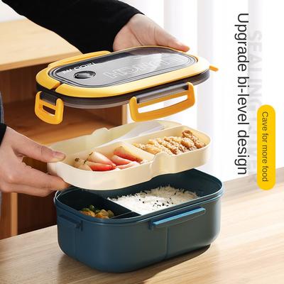 Dubbel Verdikte Draagbare Verdeelde Fruit Voedselcontainer Pendelaar Bento Box Magnetronbestendig (met Lepel en Vork)